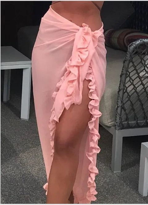 Pareo con volante – Falda larga unicolor de playa en 5 colores