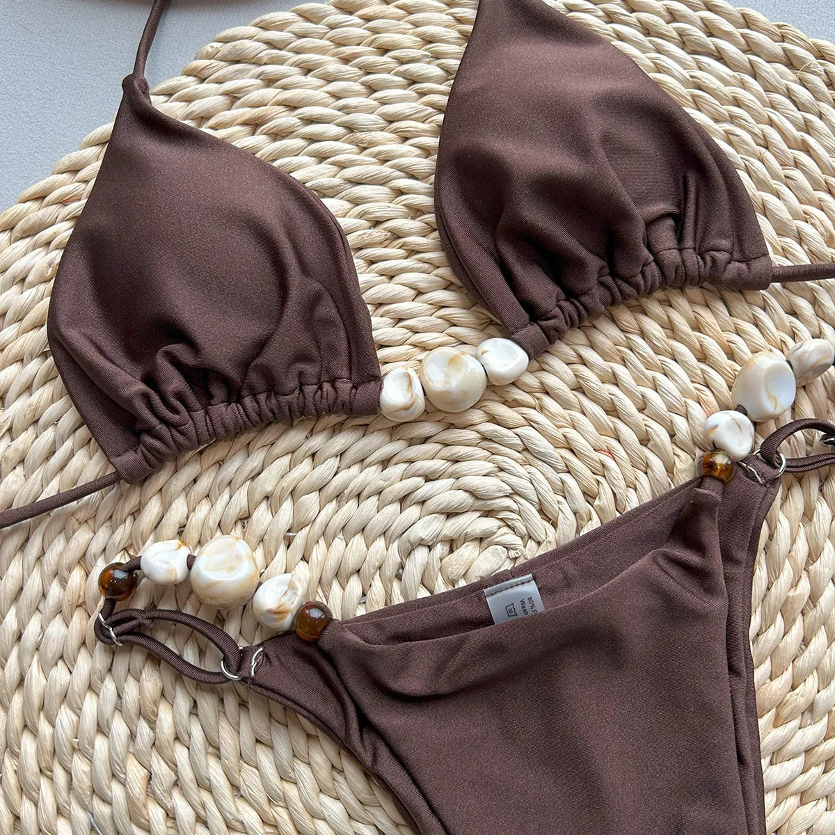 Bikini verde oliva con cuentas decorativas – Top triangular y braguita brasileña para mujer