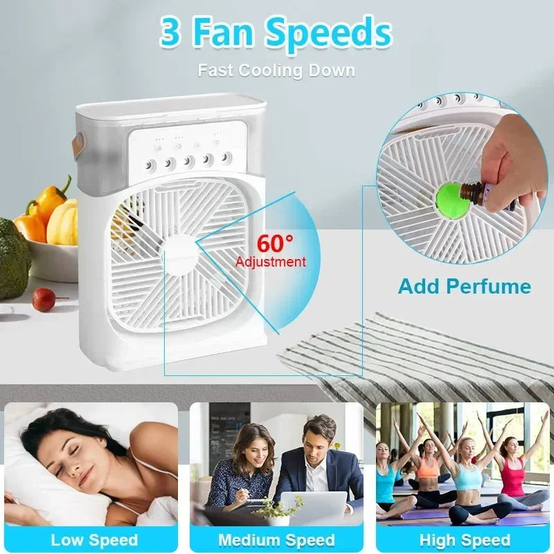 Ventilador 3 en 1 con Humidificador, Luz LED Nocturna y Aire Acondicionado Personal – Portátil, Silencioso y Recargable por USB