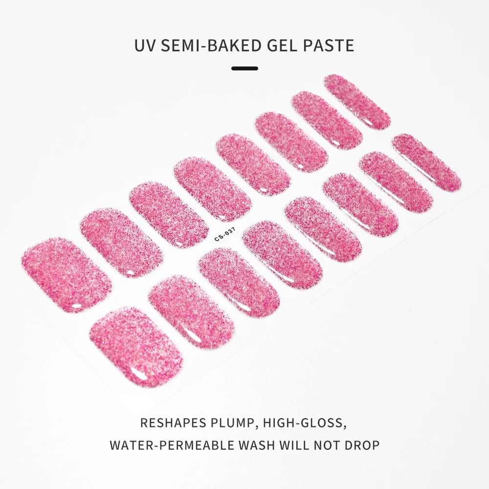 Uñas en gel semicurado UV – 16 tiras adhesivas 5D de larga duración, acabado profesional