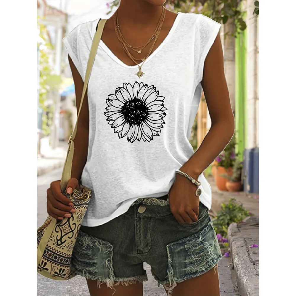 Camiseta sin Mangas para Mujer con Cuello en V – Estampado Verano, Estilo Casual
