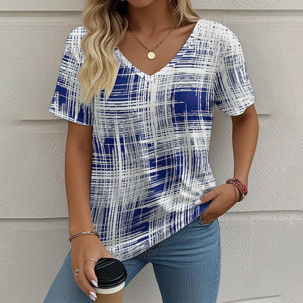 Camiseta Vintage para Mujer con Cuello en V – Top Casual con Estampado de Cuadros para Verano