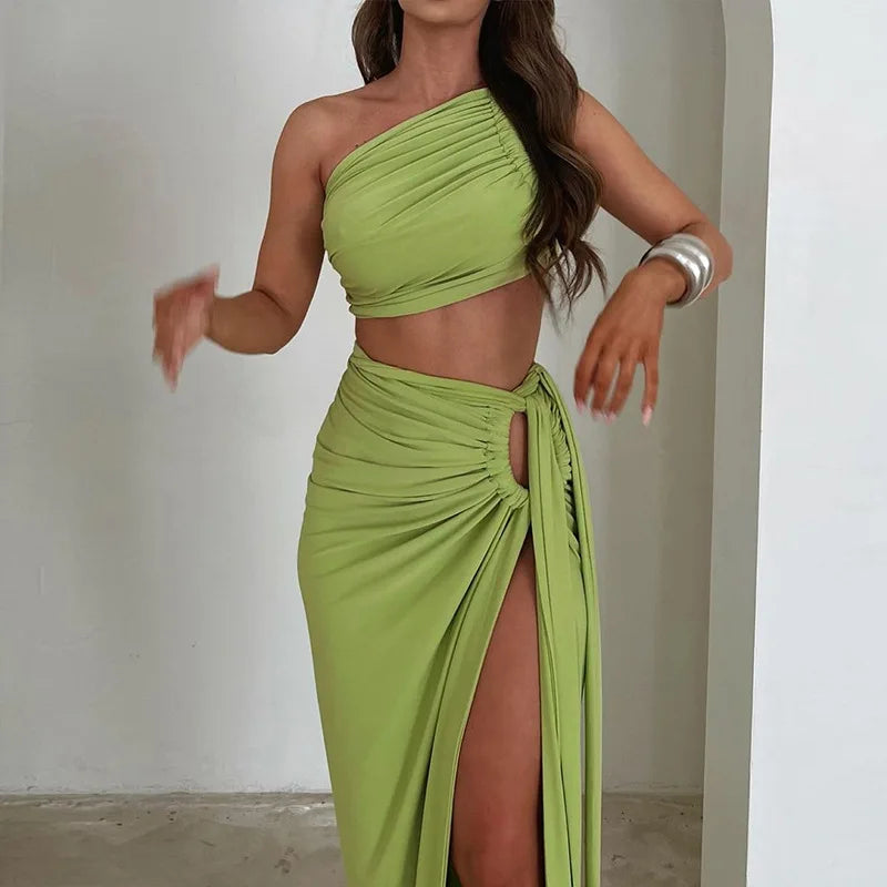 Conjunto de 2 piezas para mujer – Vestido fruncido de tiro alto con top asimétrico