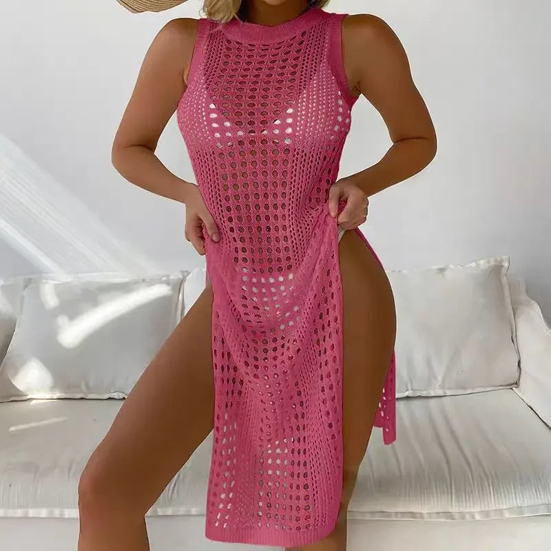 Vestido de Playa Tipo Ganchillo para Mujer – Cobertor Sexy sin Mangas con Abertura Lateral