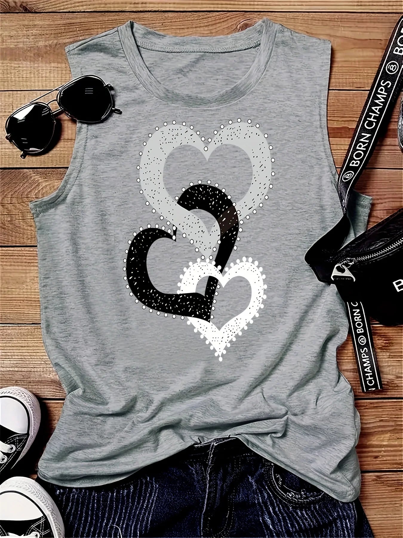 Camiseta holgada de verano para mujer – Estampado de tres corazones, sin mangas