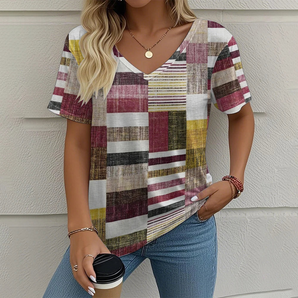 Camiseta Vintage para Mujer con Cuello en V – Top Casual con Estampado de Cuadros para Verano