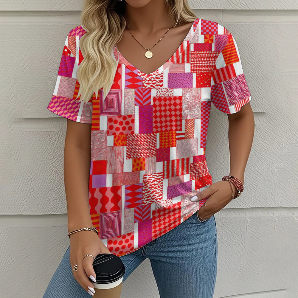 Camiseta Vintage para Mujer con Cuello en V – Top Casual con Estampado de Cuadros para Verano