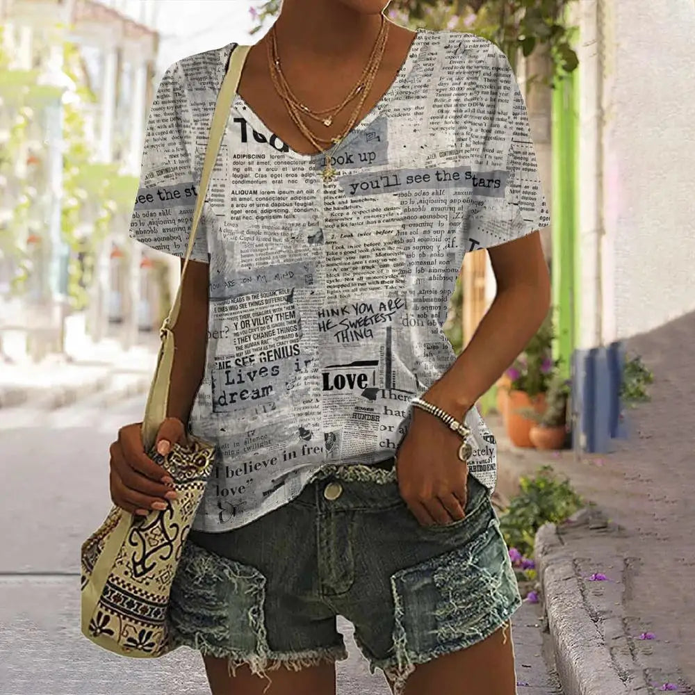 Camiseta Vintage de verano con estampado – Camiseta de cuello en V