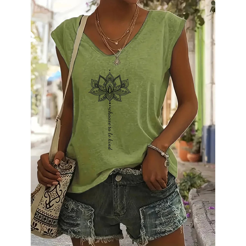 Camiseta sin Mangas para Mujer con Cuello en V – Estampado Verano, Estilo Casual