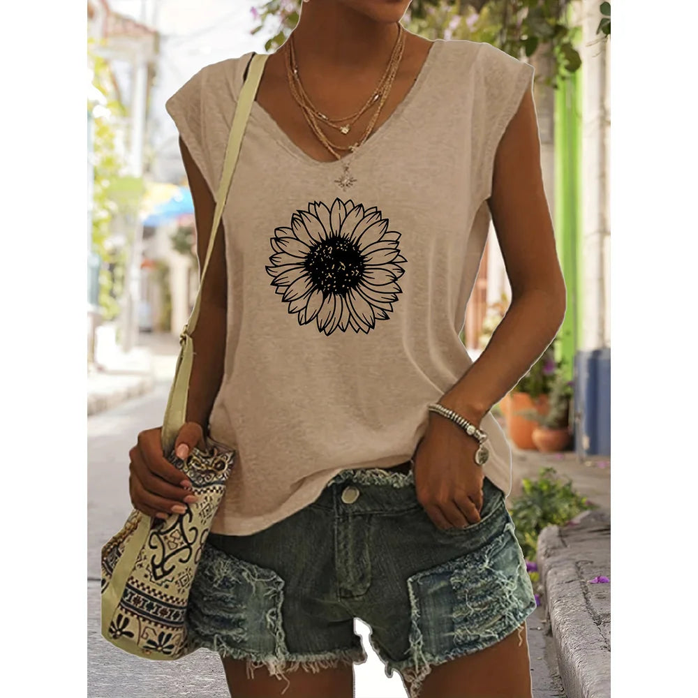 Camiseta sin Mangas para Mujer con Cuello en V – Estampado Verano, Estilo Casual