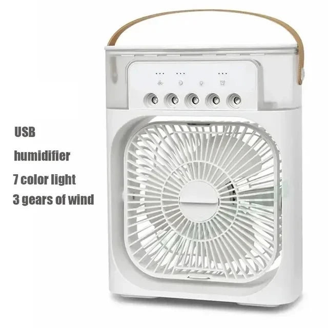 Ventilador 3 en 1 con Humidificador, Luz LED Nocturna y Aire Acondicionado Personal – Portátil, Silencioso y Recargable por USB