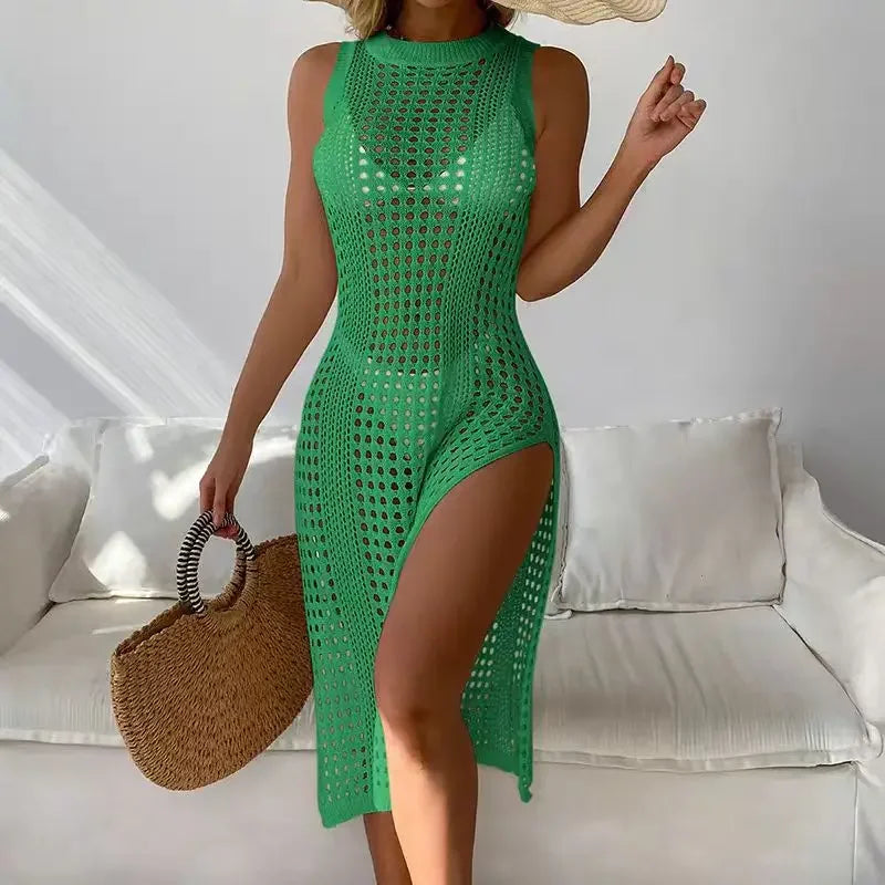 Vestido de Playa Tipo Ganchillo para Mujer – Cobertor Sexy sin Mangas con Abertura Lateral