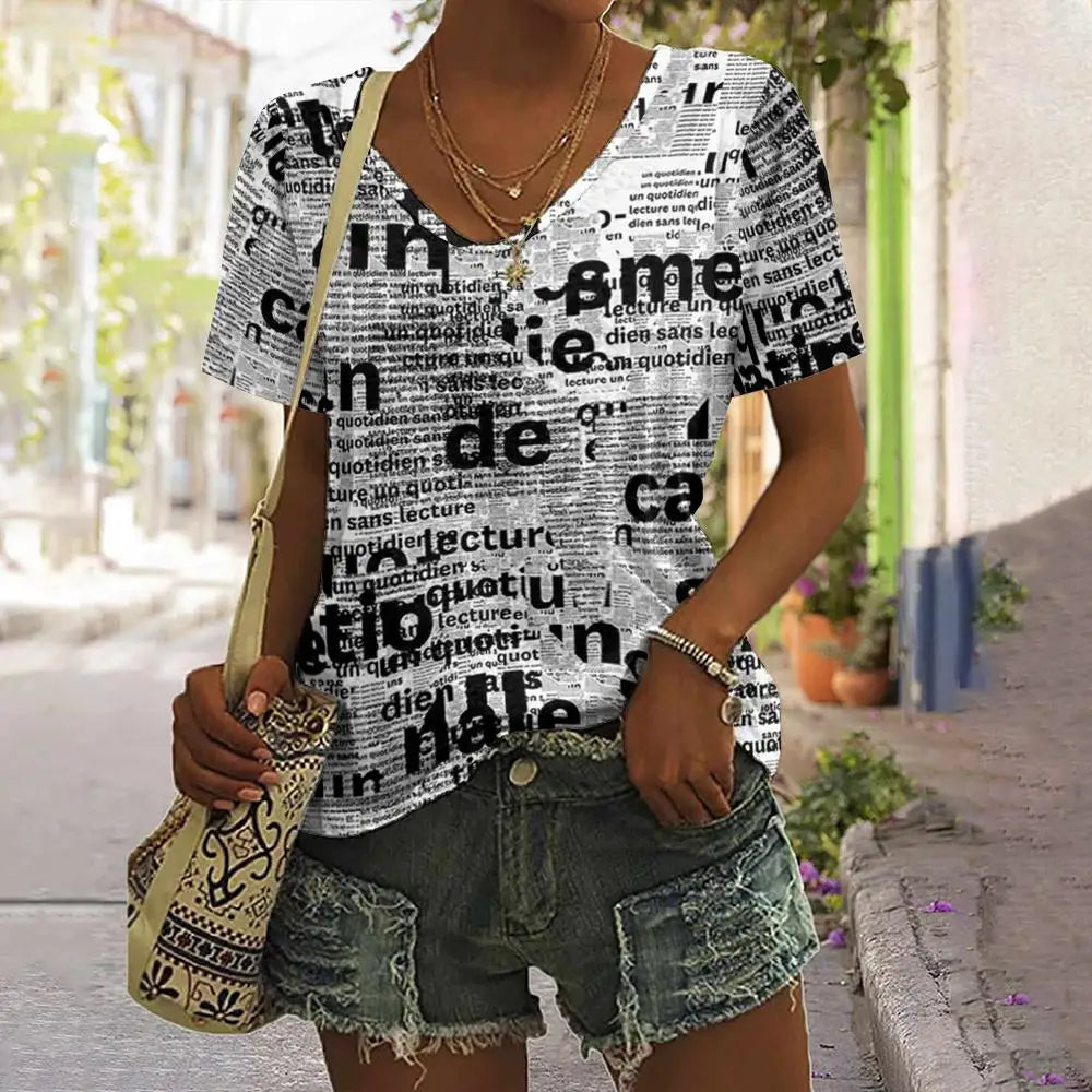 Camiseta Vintage de verano con estampado – Camiseta de cuello en V