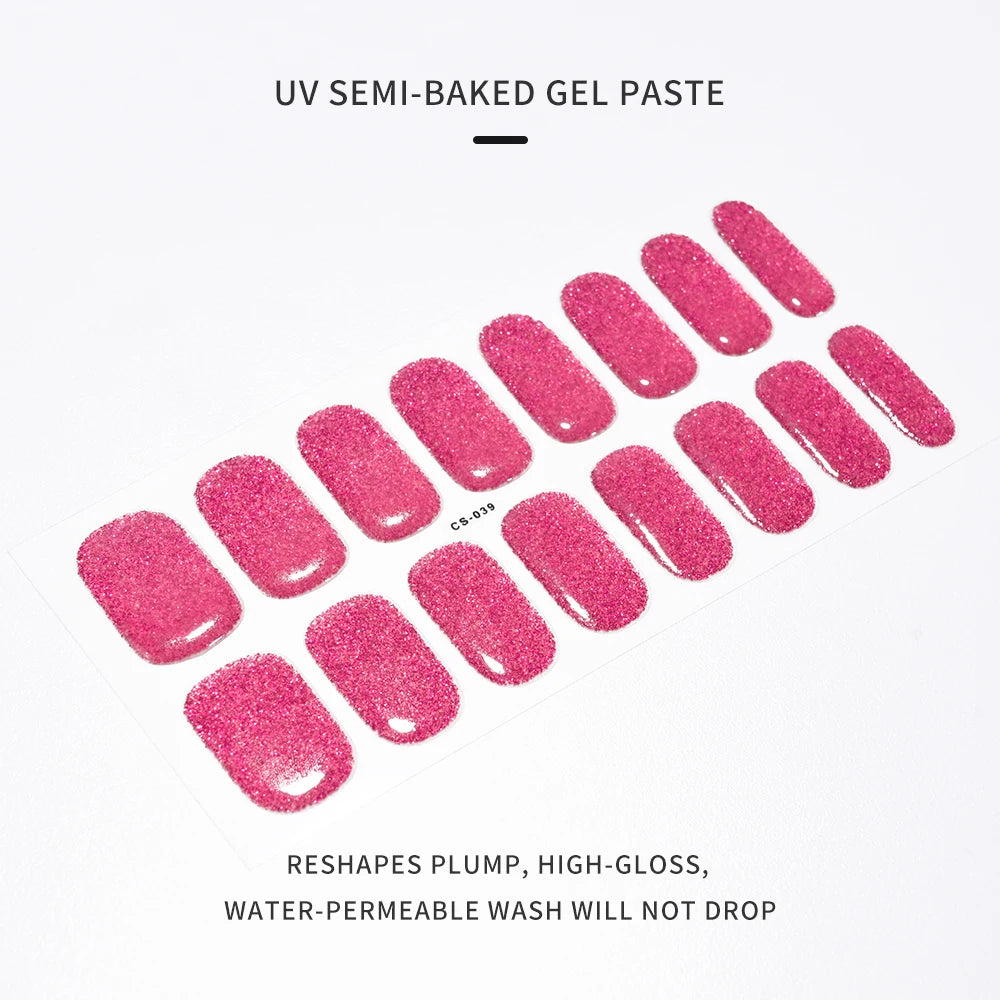 Uñas en gel semicurado UV – 16 tiras adhesivas 5D de larga duración, acabado profesional