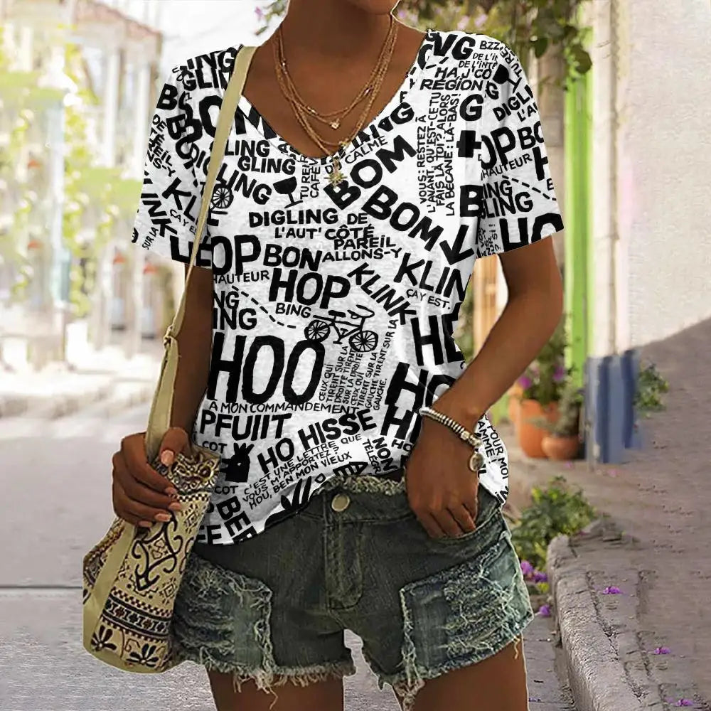 Camiseta Vintage de verano con estampado – Camiseta de cuello en V