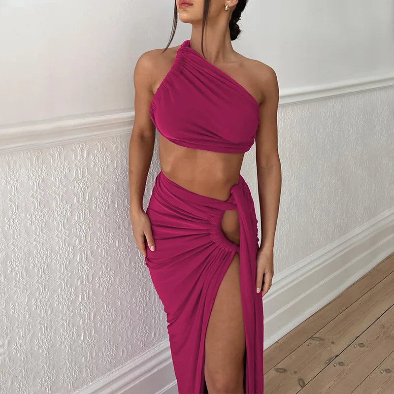 Conjunto de 2 piezas para mujer – Vestido fruncido de tiro alto con top asimétrico