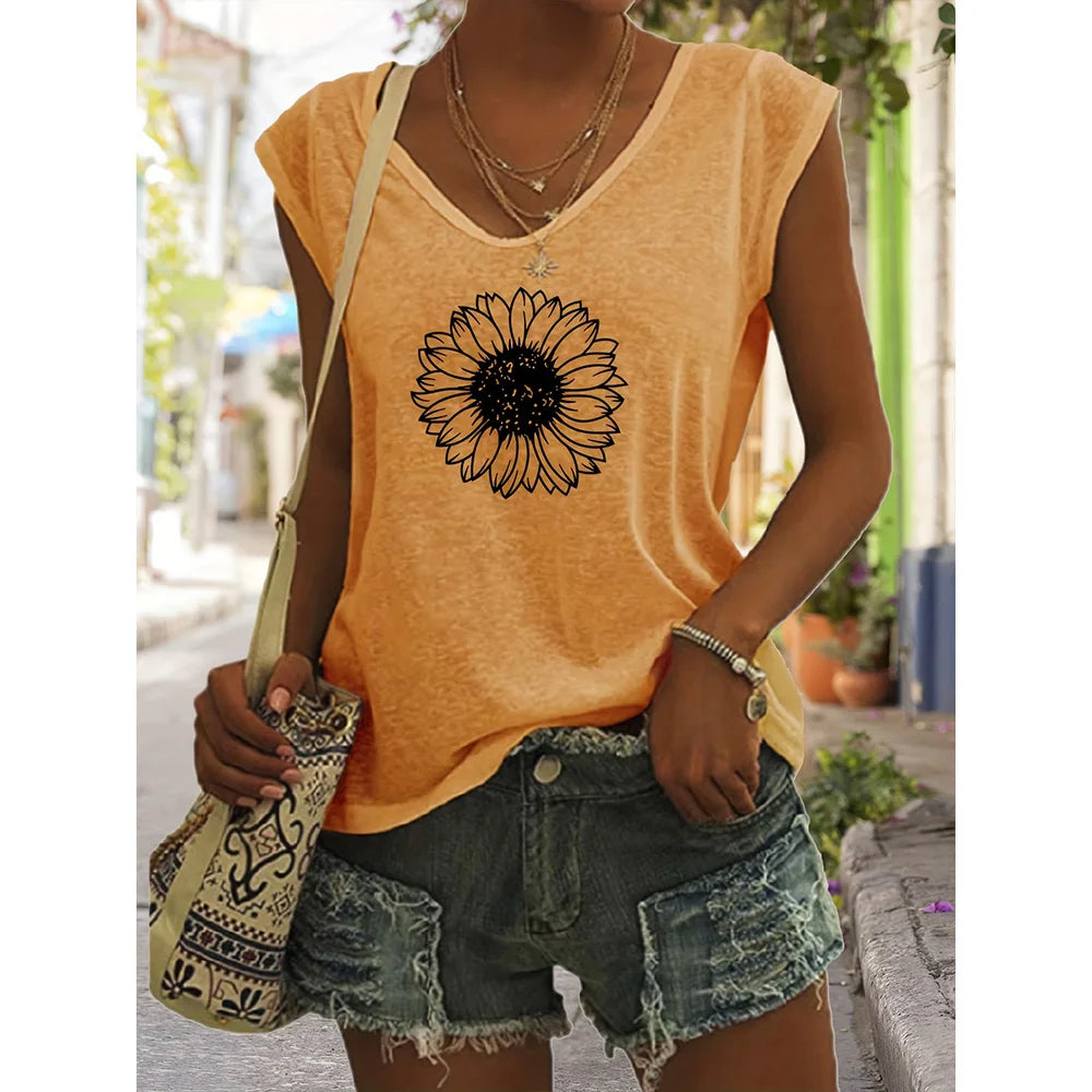 Camiseta sin Mangas para Mujer con Cuello en V – Estampado Verano, Estilo Casual