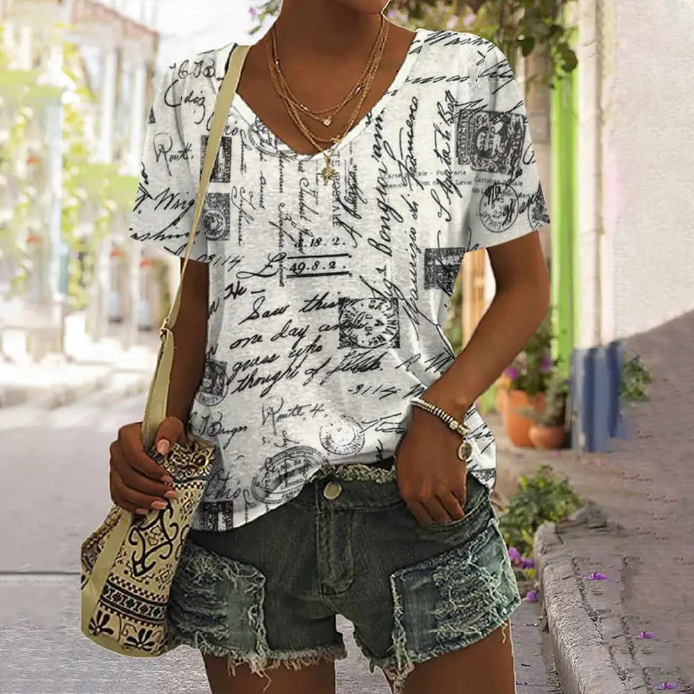 Camiseta Vintage de verano con estampado – Camiseta de cuello en V