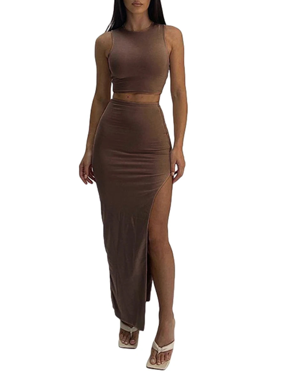 Conjunto de 2 piezas de verano para mujer – Camiseta sin mangas + falda larga con abertura