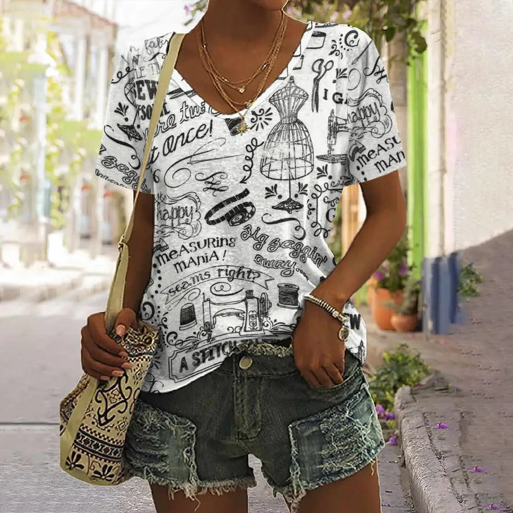 Camiseta Vintage de verano con estampado – Camiseta de cuello en V