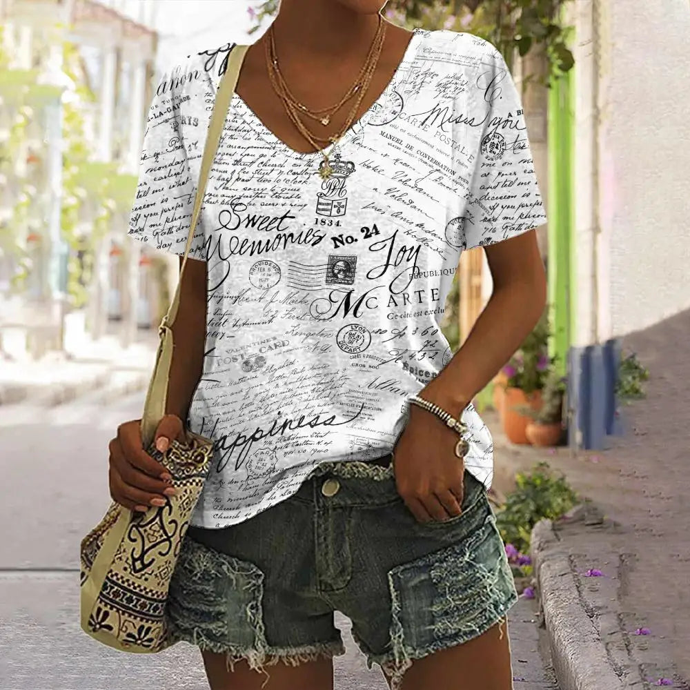 Camiseta Vintage de verano con estampado – Camiseta de cuello en V