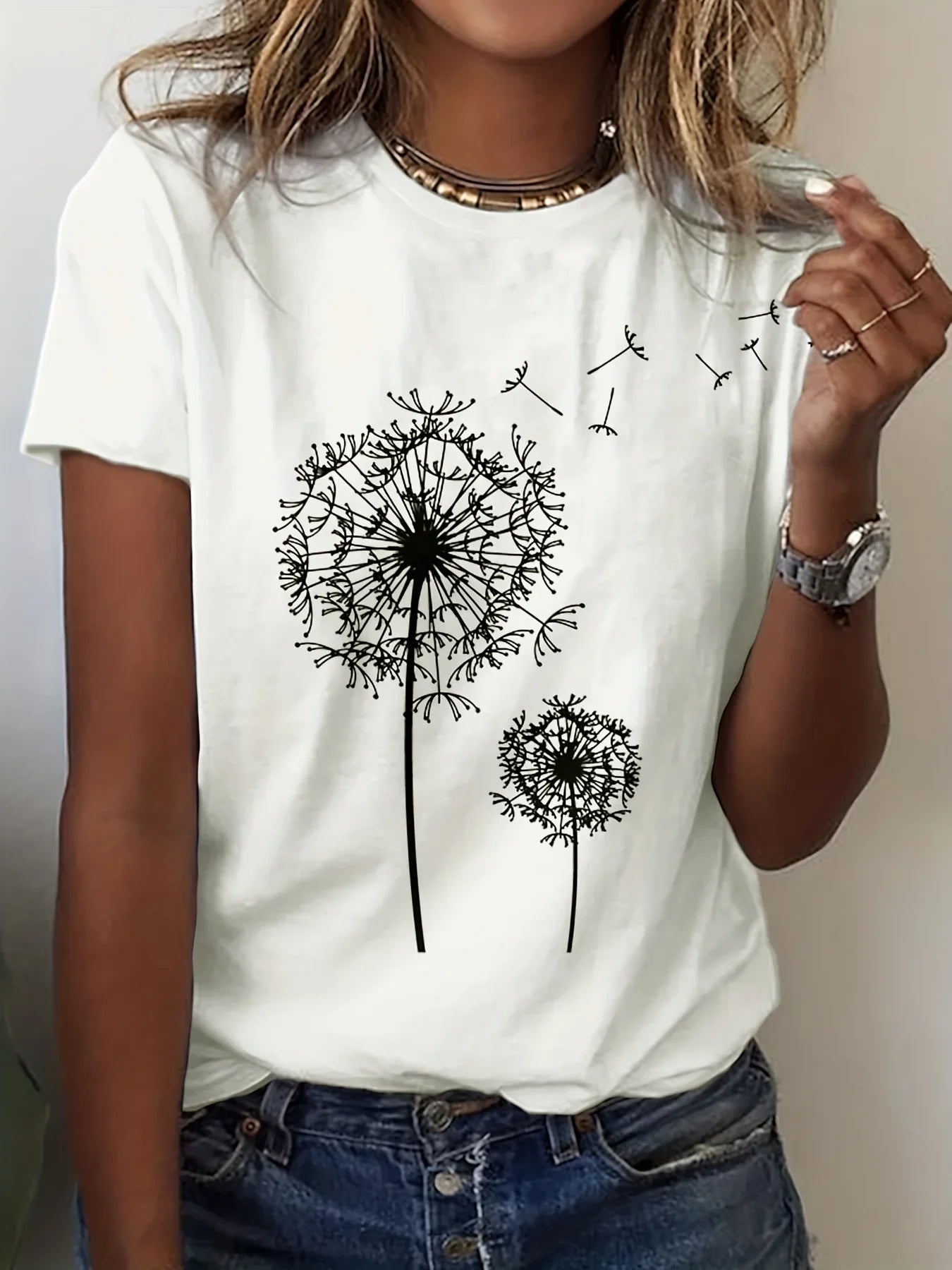 Women's Dandelion Print T-Shirt - Round Neck, Short Sleeve, Casual Style for Spring and Summer