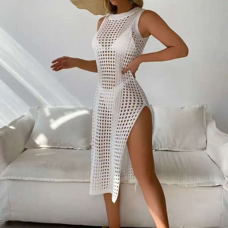 Vestido de Playa Tipo Ganchillo para Mujer – Cobertor Sexy sin Mangas con Abertura Lateral