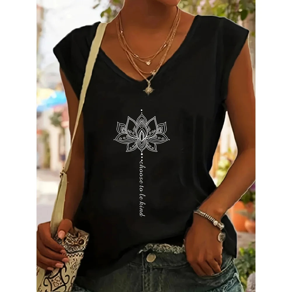 Camiseta sin Mangas para Mujer con Cuello en V – Estampado Verano, Estilo Casual