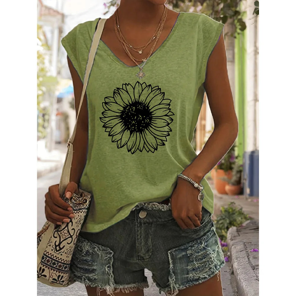 Camiseta sin Mangas para Mujer con Cuello en V – Estampado Verano, Estilo Casual