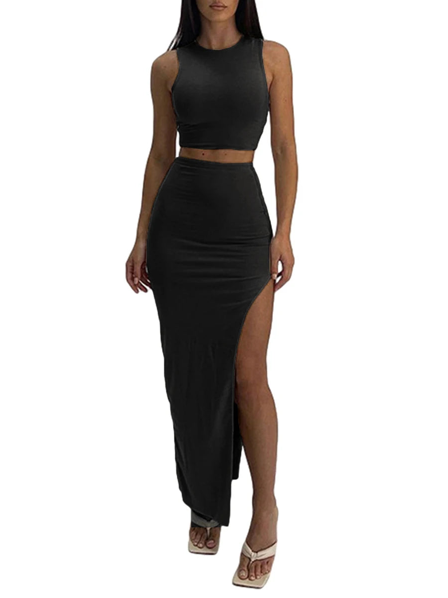 Conjunto de 2 piezas de verano para mujer – Camiseta sin mangas + falda larga con abertura