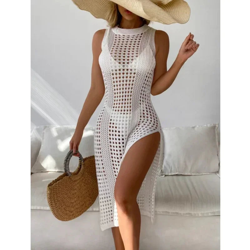 Vestido de Playa Tipo Ganchillo para Mujer – Cobertor Sexy sin Mangas con Abertura Lateral