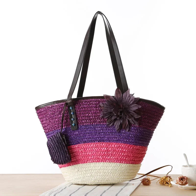 Bolso de mano de mimbre tejido – Bolsa de playa de paja, estilo bohemio, gran capacidad, ideal para verano