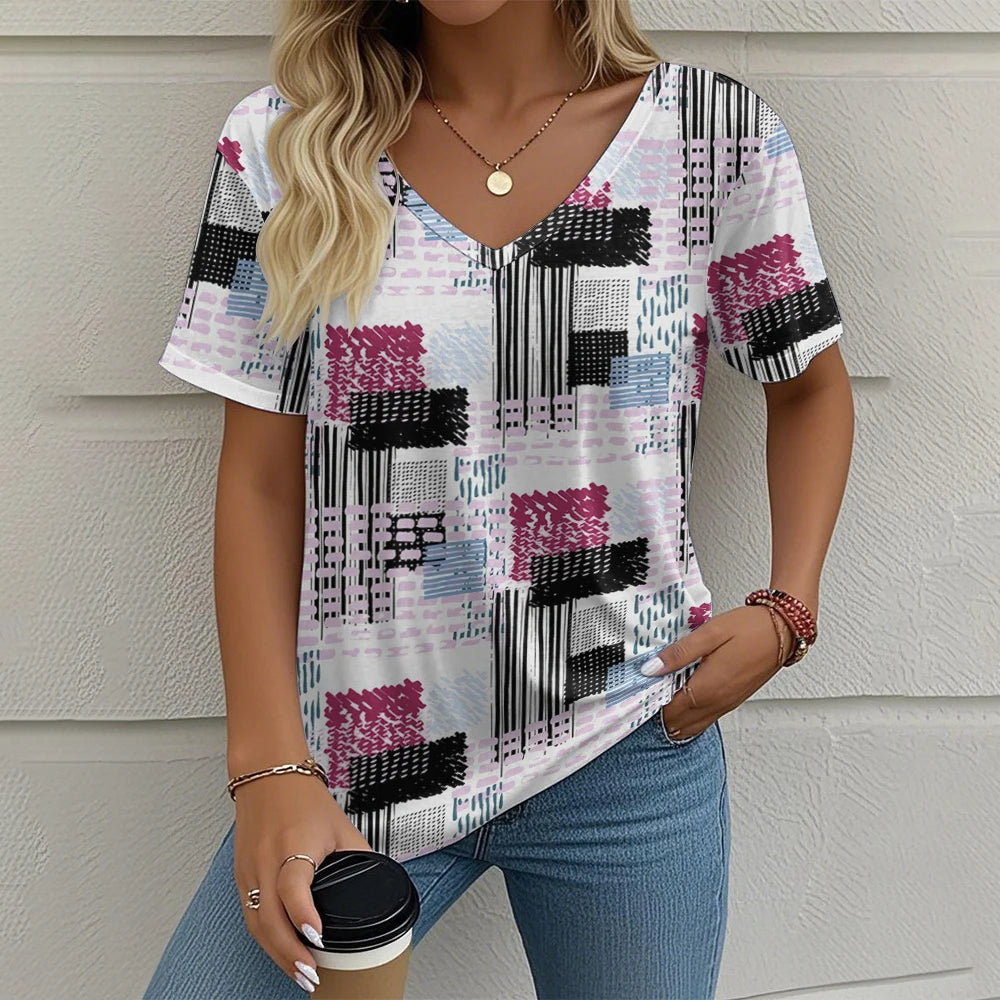 Camiseta Vintage para Mujer con Cuello en V – Top Casual con Estampado de Cuadros para Verano