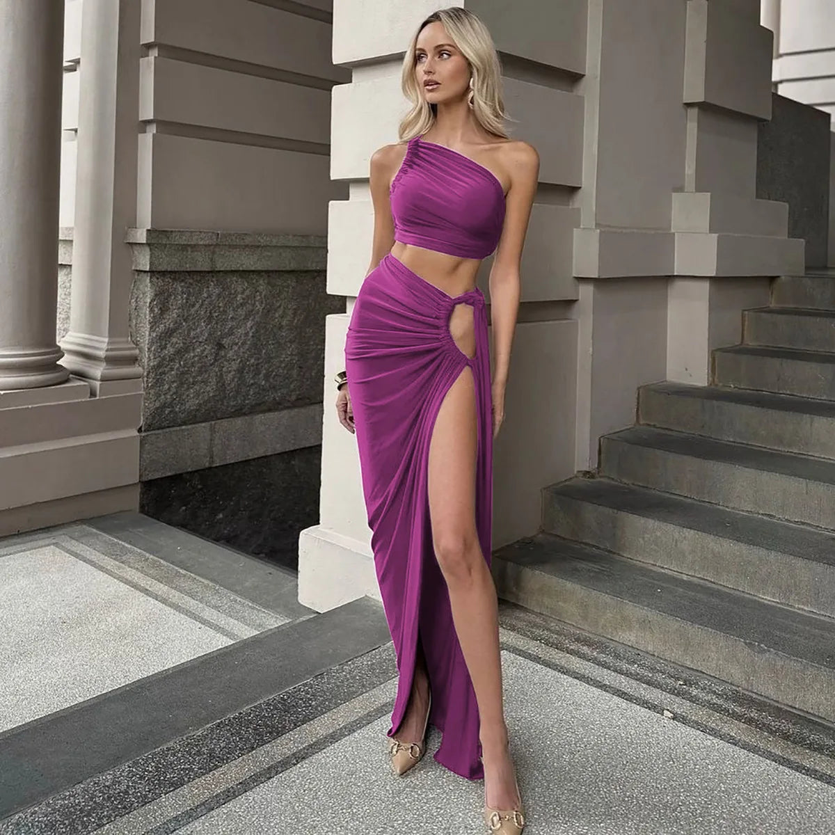 Conjunto de 2 piezas para mujer – Vestido fruncido de tiro alto con top asimétrico
