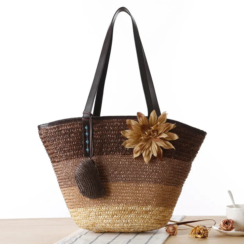 Bolso de mano de mimbre tejido – Bolsa de playa de paja, estilo bohemio, gran capacidad, ideal para verano