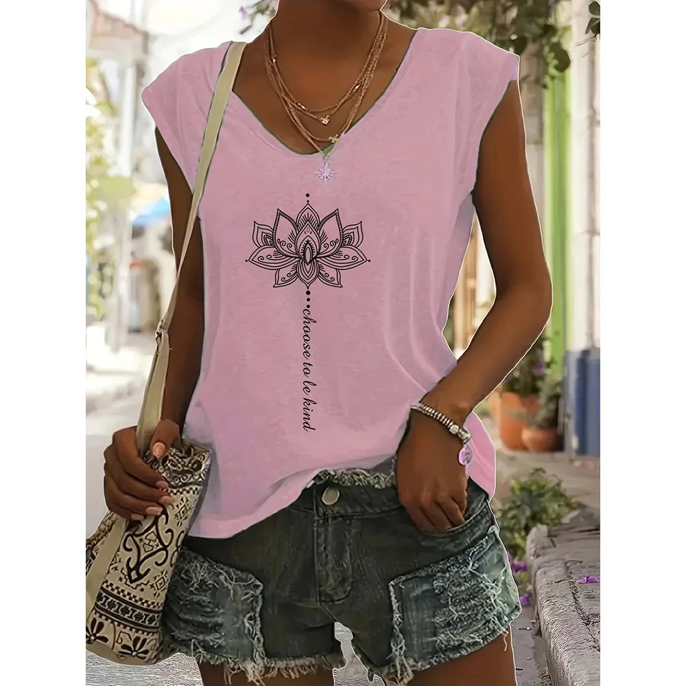 Camiseta sin Mangas para Mujer con Cuello en V – Estampado Verano, Estilo Casual