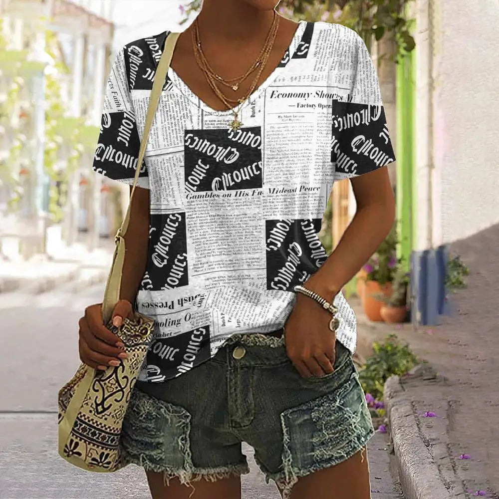 Camiseta Vintage de verano con estampado – Camiseta de cuello en V