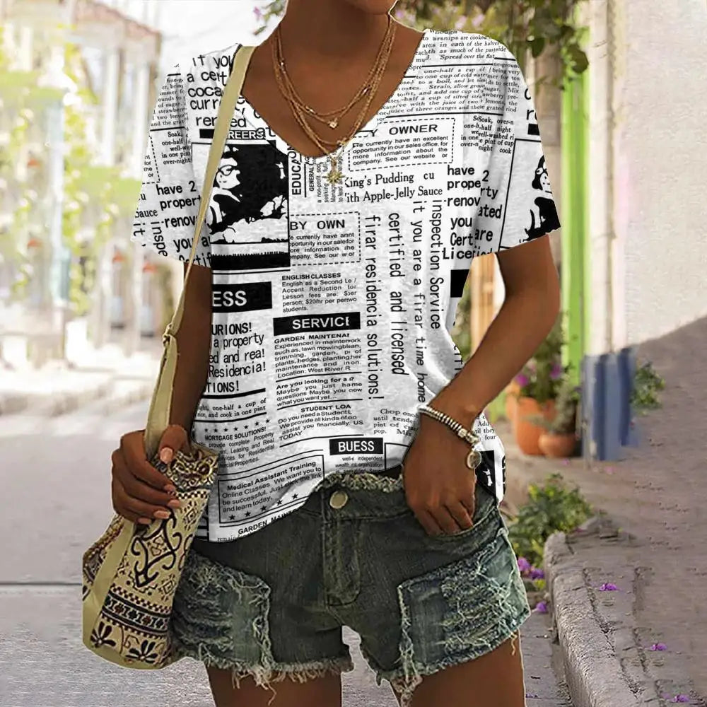 Camiseta Vintage de verano con estampado – Camiseta de cuello en V