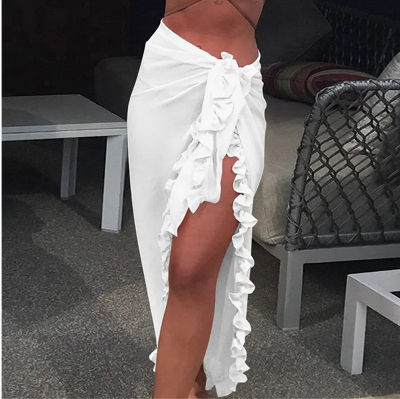 Pareo con volante – Falda larga unicolor de playa en 5 colores