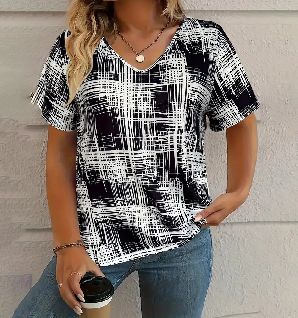 Camiseta Vintage para Mujer con Cuello en V – Top Casual con Estampado de Cuadros para Verano