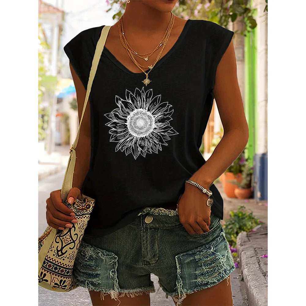 Camiseta sin Mangas para Mujer con Cuello en V – Estampado Verano, Estilo Casual