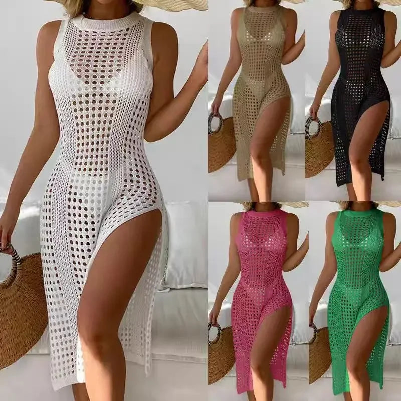 Vestido de Playa Tipo Ganchillo para Mujer – Cobertor Sexy sin Mangas con Abertura Lateral