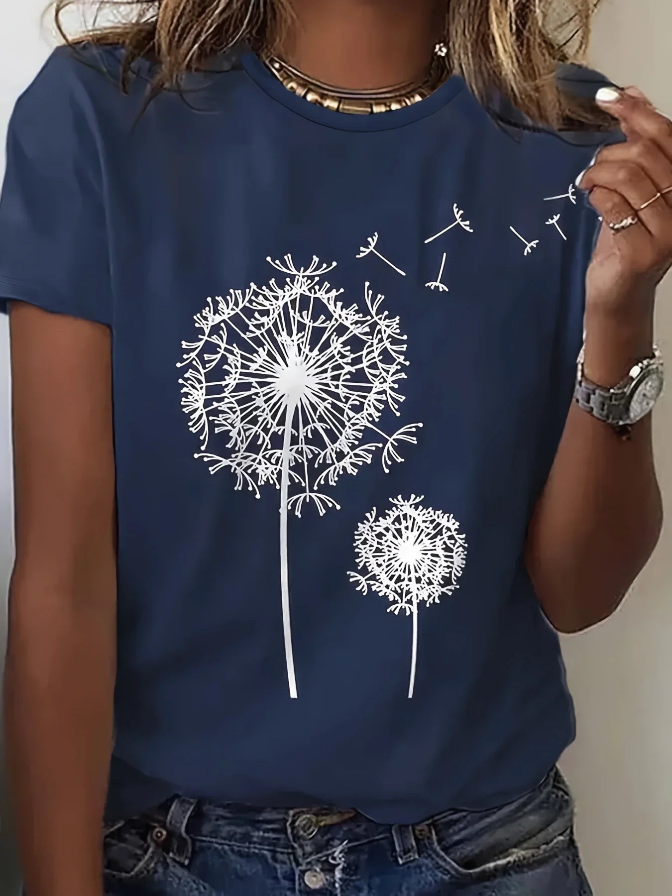 Women's Dandelion Print T-Shirt - Round Neck, Short Sleeve, Casual Style for Spring and Summer