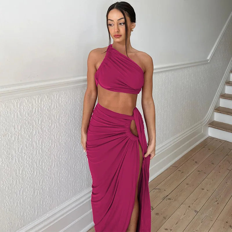 Conjunto de 2 piezas para mujer – Vestido fruncido de tiro alto con top asimétrico
