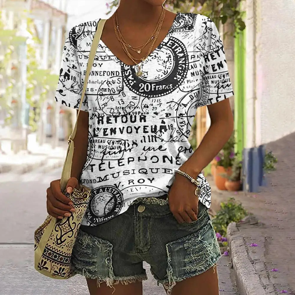 Camiseta Vintage de verano con estampado – Camiseta de cuello en V