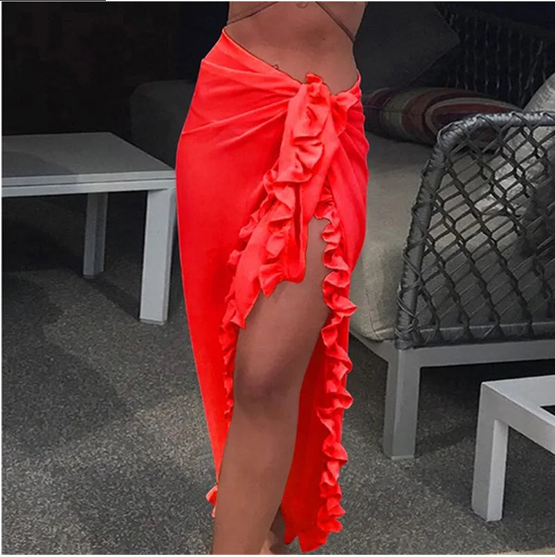 Pareo con volante – Falda larga unicolor de playa en 5 colores