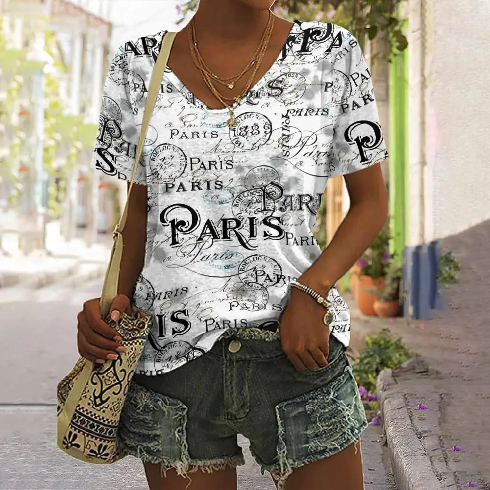Camiseta Vintage de verano con estampado – Camiseta de cuello en V