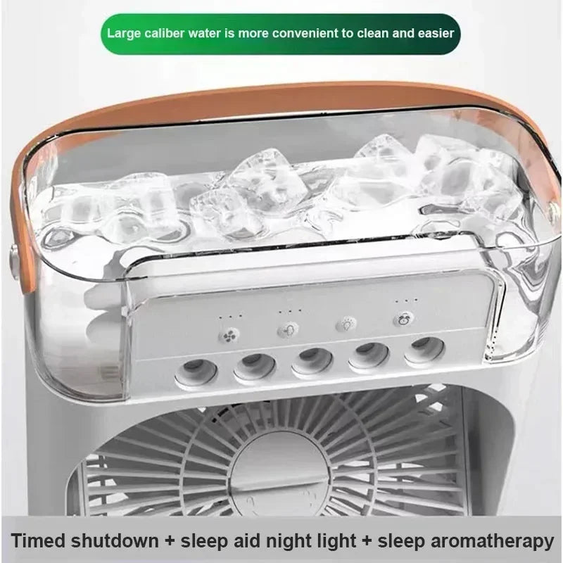 Ventilador 3 en 1 con Humidificador, Luz LED Nocturna y Aire Acondicionado Personal – Portátil, Silencioso y Recargable por USB