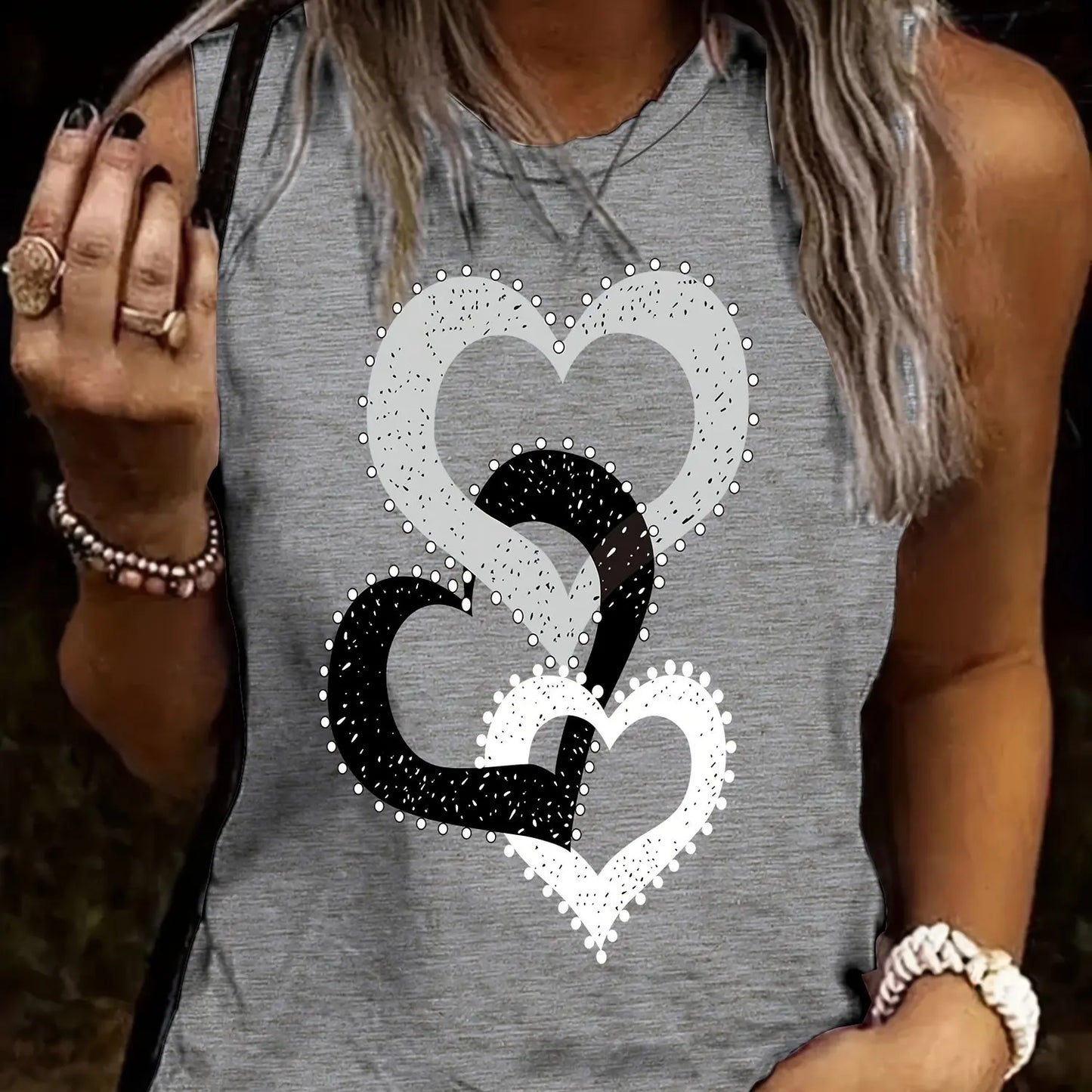 Camiseta holgada de verano para mujer – Estampado de tres corazones, sin mangas