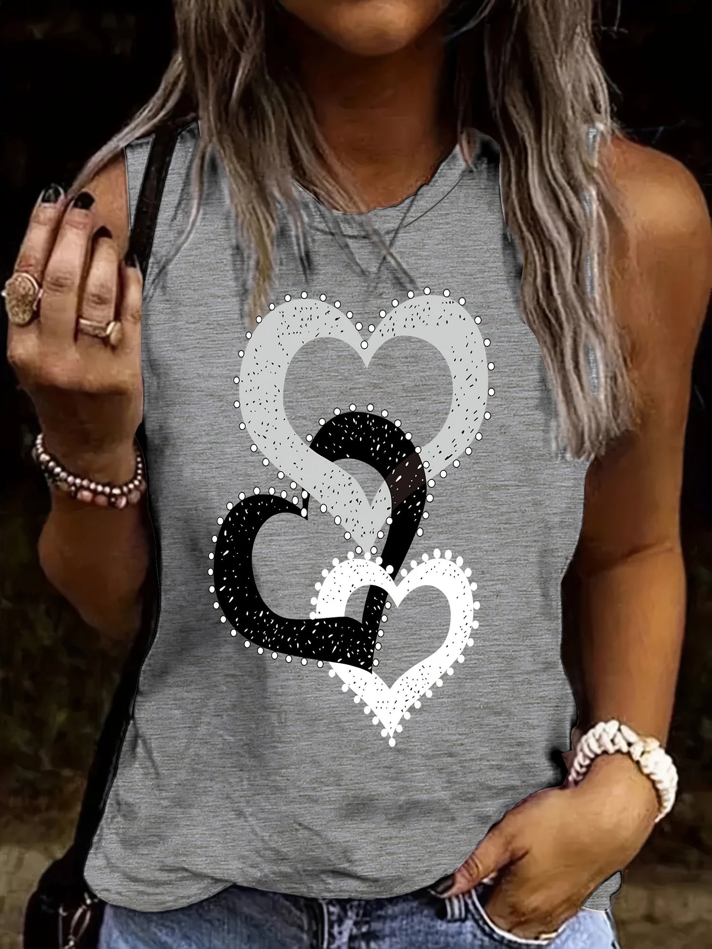 Camiseta holgada de verano para mujer – Estampado de tres corazones, sin mangas